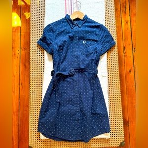 Fred Perry navy and polka dot shirt dress with belt, size 8
